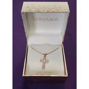 Lily & Lace Cross Pendant Necklace Rose Gold Tone Fine Silver Plated CZ Crystals